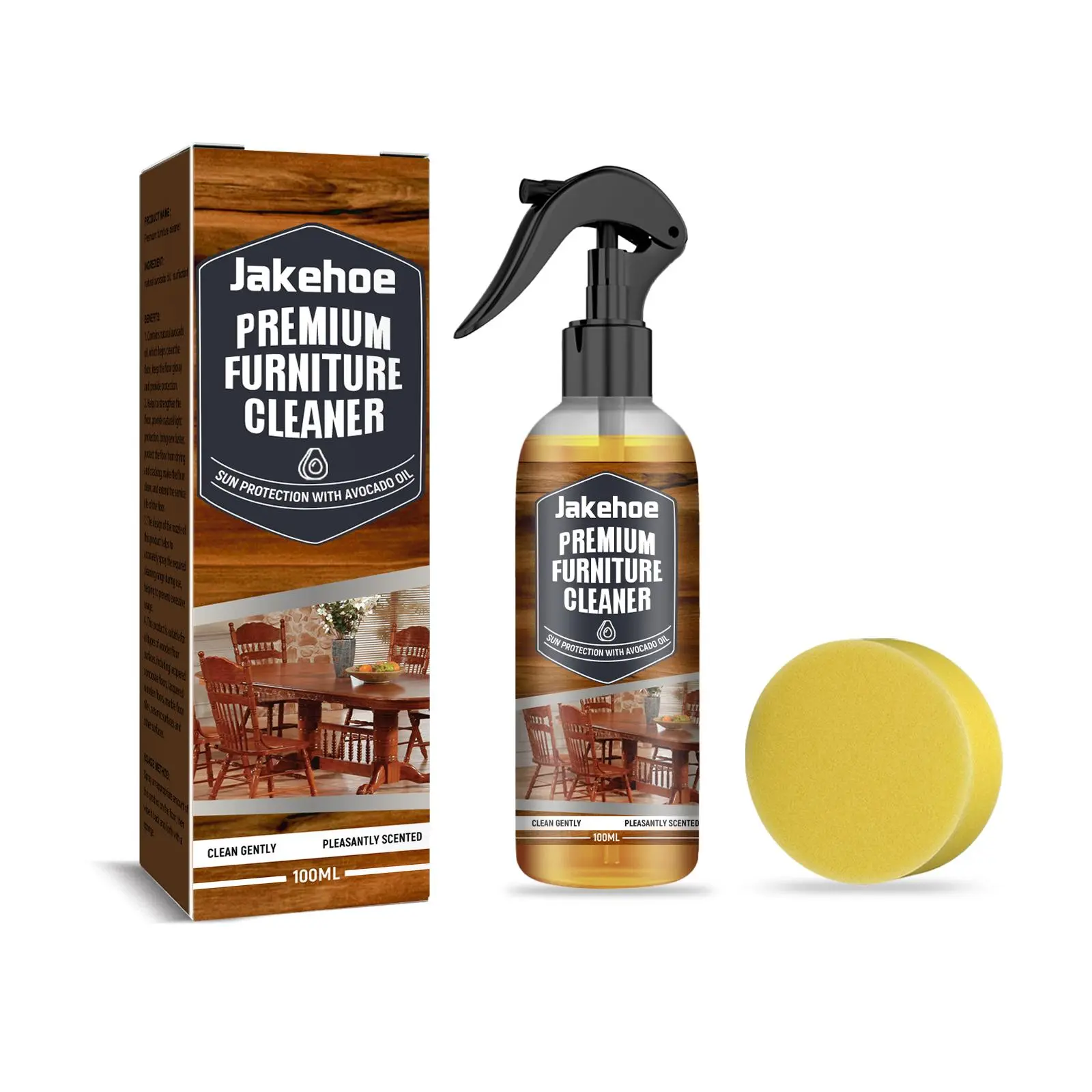 Jakehoe Wood Furniture Cleaner & Polish Spray, Avocado Oil Formula All-Purpose Clean Multi-Surface, Cleans, Shines, Protects, Restores Luster, Prevents Drying, Includes Sponge Applicator, 3.4 FL.OZ (For Wood Tables, Chairs, Cabinets, Doors)