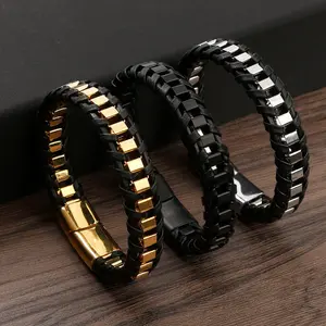 3 Color Men's Stainless Steel and Faux Leather Braided Bracelet, Perfect for Casual Looks, Fashionable Men's Gift