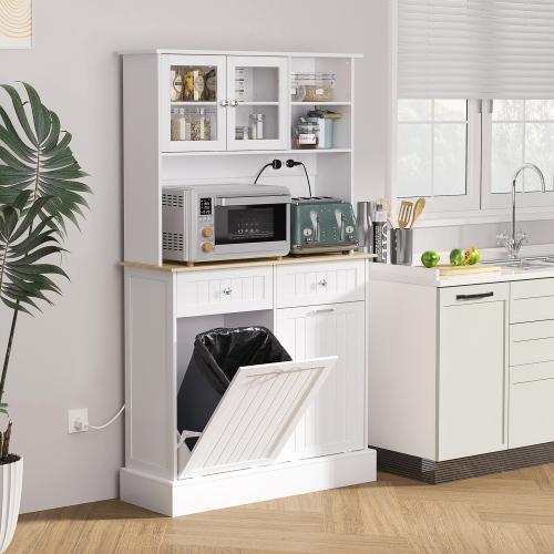 Bellemave HOMCOM 68" Multi Purpose Organized Open Storage Kitchen Furniture Cabinet with Charging Station, 2 Tilt-Out Trash Cabinets, Microwave Stand, Glass Doors & Adjustable Shelf, Freestanding Hutch, Open Storage Cabinet, Multi Purpose Kitchen Furnitur