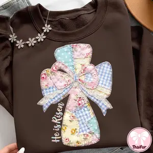 He Is Risen Easter Inspired Quilted Effect Bunny Coquette Stitch Cross Sweatshirt, Grandma Core Faux Patchwork Pink Bow Sweater
