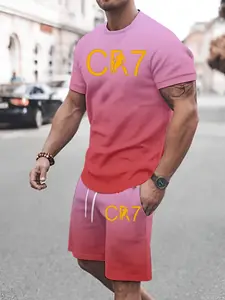 Men's Cr7 Football Sports Set, Summer Gradient Dry Short Sleeve Shorts, Youth Cristiano Ronaldo Training Jersey Shorts Two-Piece Set