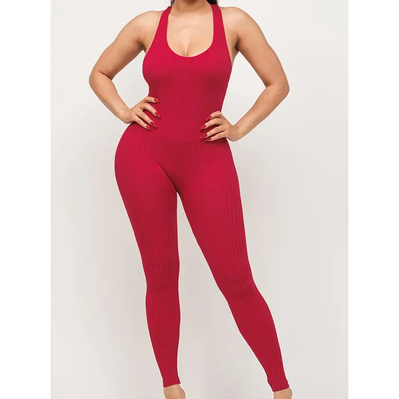 Shorty - Ribbed Racerback Jumpsuit - Red