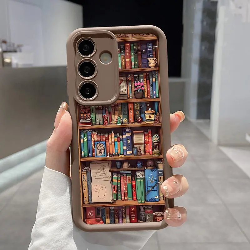 Phone Case Compatible for  S23 Ultra S24 Plus S25 S22+ Cartoon Bookshelf Pattern TPU Silicone Camera Protective Rugged Cellphone Cover