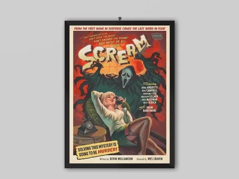 Vintage Wes Craven Scream 1966 Horror Film Cartoon Print Photo Poster - Art Paper Hanging Wall Art, Dark Graphic Aesthetic Decor for Bathroom Ideas, Classic Artistic Home Accent, Aesthetic Wall Decor, Bathroom Decor Ideas