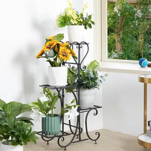 Metal Plants Stand Outdoor Garden Patio 4 Tiers Flower Pots Holder Display Rack Shelf for Balcony Backyard Black