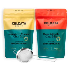 Kolkata Chai Co.'s Signature & Rose Masala Chai Mix Combo - 40 Servings, Strainer Included, Welcome To Your New Favorite Drink