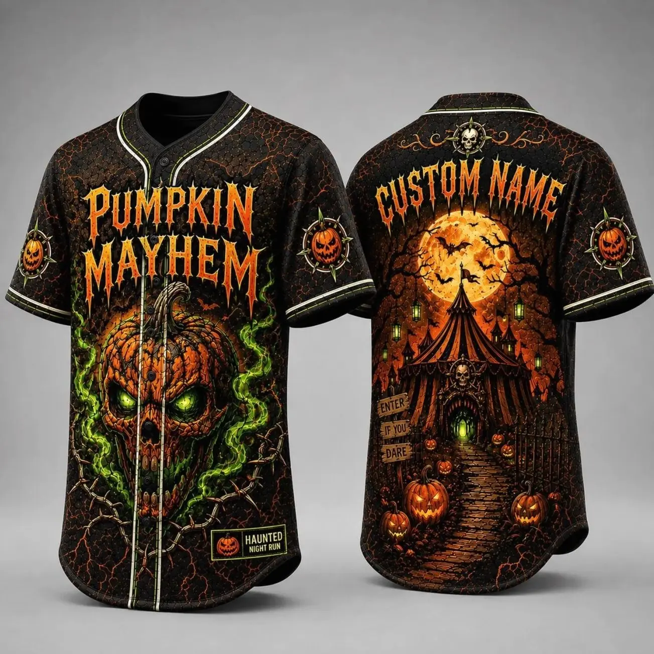 Custom Pumpkin Mayhem Baseball Jersey, Personalized Scary Jack O Lantern Halloween Shirt, Haunted Carnival Custom Name Horror Jersey