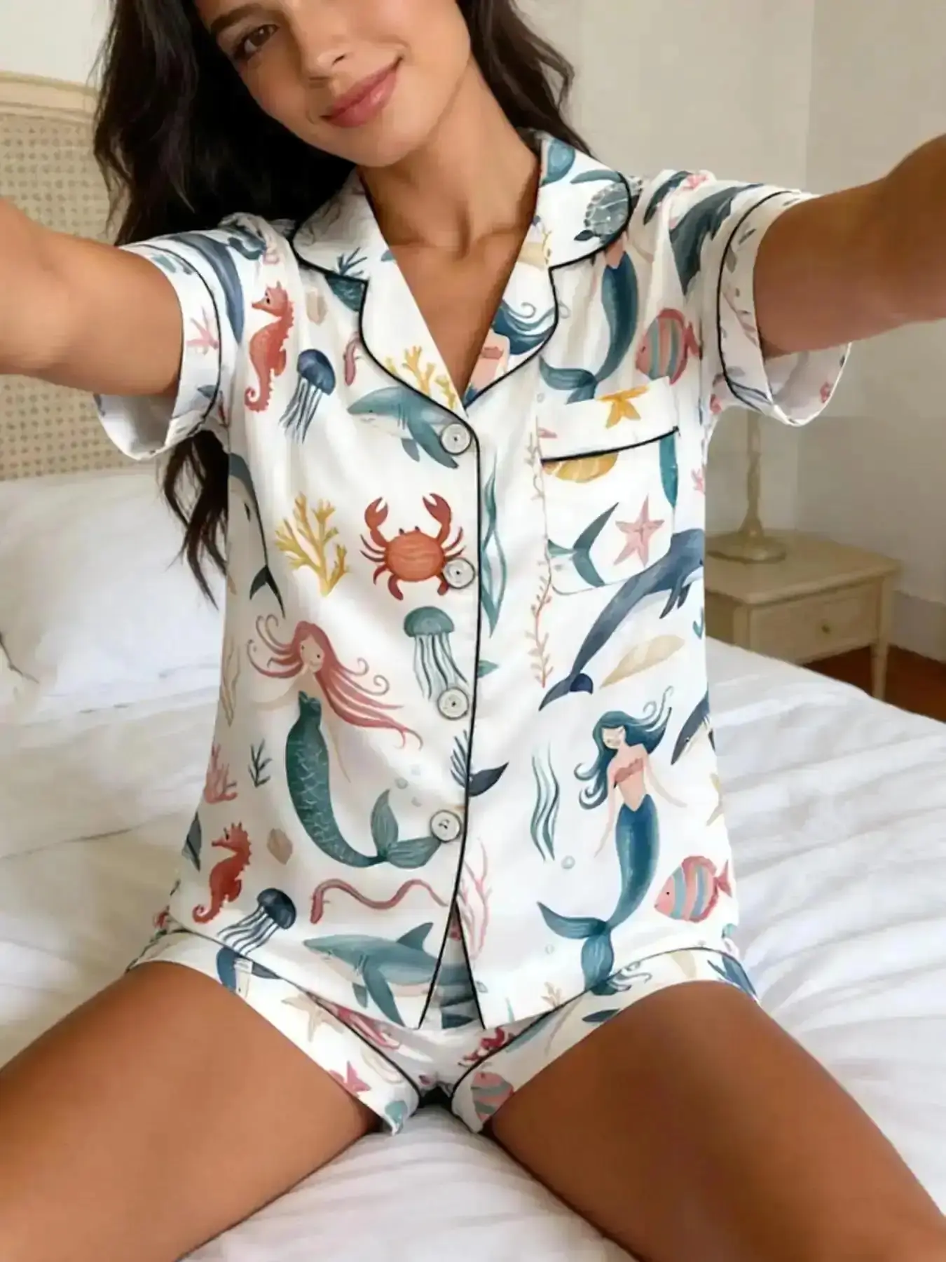 Dolphin Mermaid Underwater Print Pajama Set Pjs, Women's Short Sleeve Shorts Lapel Open Front Homewear Nightwear Two-Piece Set, Cute Fitted All Seasons Loungewear Womenswear, Matching Two Piece Set