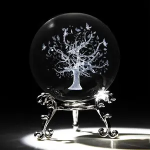60mm Tree of Life Crystal Ball with Stand 3D Laser Engraved Life Tree Figurine Crystal Paperweight Decoraive Quartz Glass Ball Sphere Home Decor Table Craft