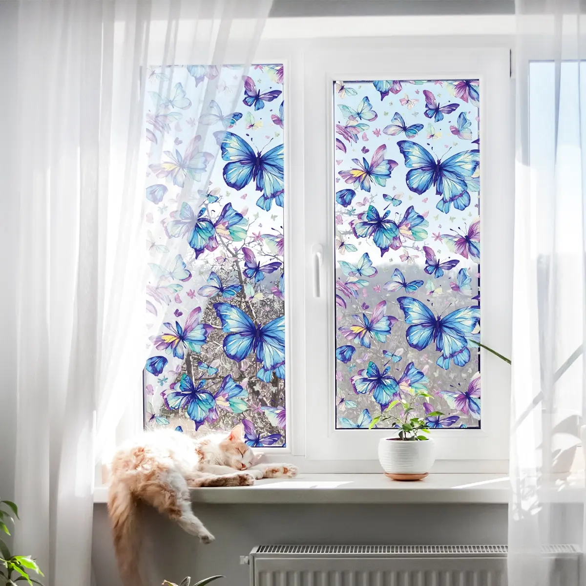 Static Cling Blue Butterfly Decorative Stickers for Living Room Bedroom Window Decoration, Multi-Style Self-Adhesive Wall Decals, Removable Window Decal, Window Decals For Glass Windows