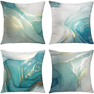 Marble-patterned blue-green and gold-silver decorative pillowcases. Luxurious abstract fluid art ink soft velvet pillowcases. Square pillowcases suitable for sofas. 18 inches * 18 inches. 4-piece set.