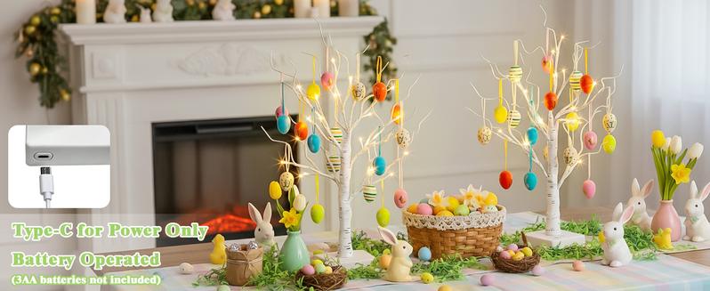EAMBRITE Easter Decorations Lighted White Birch Tree with 18x2 Eggs Ornaments, 24 LED Lights, Battery Powered Timer, Tabletop Centerpiece for Spring Home Decor, 2 Pack
