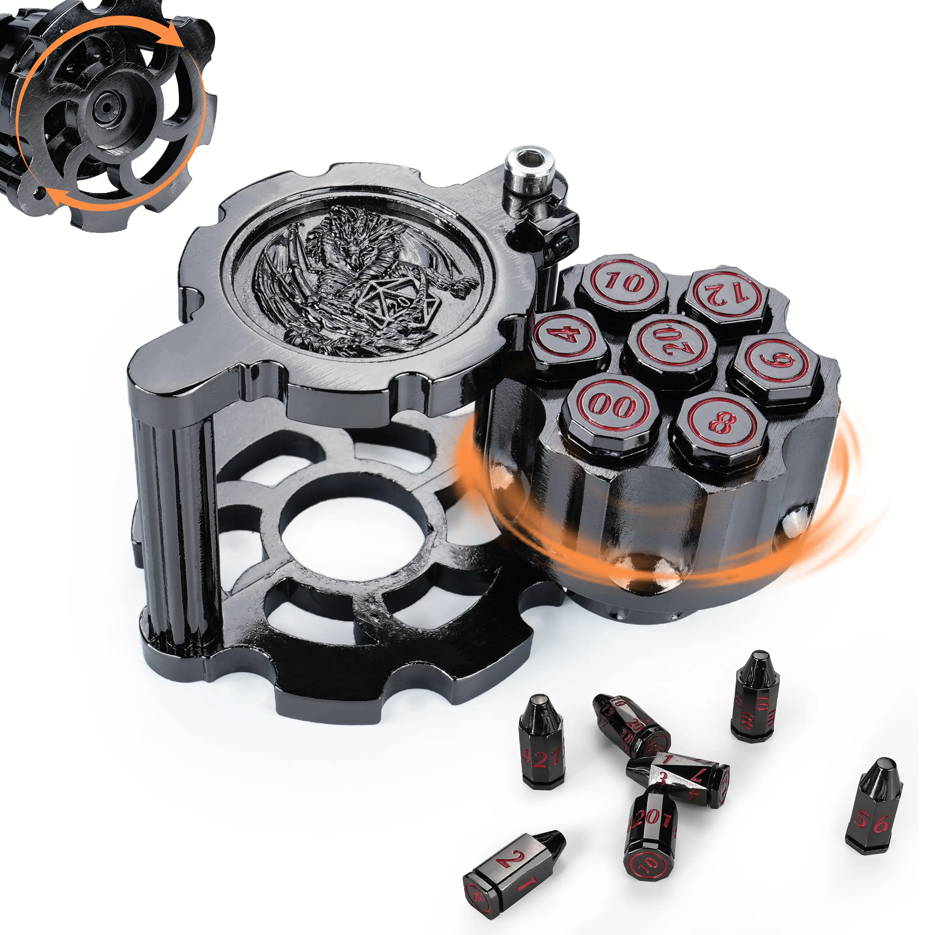 Cyberpunk Rotating Mechanical Dice Set - 7 Heavy Metal Cartridge DND Dice with Spinning Wheel in Zinc Alloy for Dungeons Dragons Pathfinder Warhammer 40k,Adventure,Wheel Cylinder Container Metal Dice Set for DND,Fidget Toy