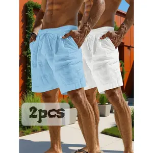 Men's 2pcs Linen Shorts - Menswear, Light Textured Woven Fabric, Plain Design, Casual Comfortable, Drawstring Waist, Pockets, Ideal for Summer Beach Outings, Leisure Wear