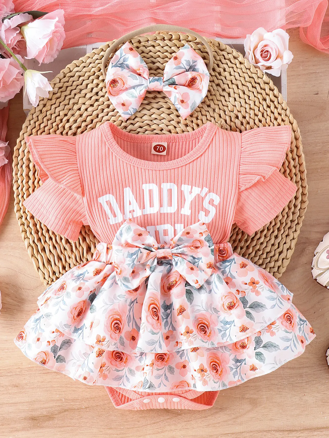 Baby Girl's Ruffled Romper Dress Set, 3-Piece Outfit with Short Sleeve Crew Neck Slogan Bodysuit, Floral Skirt & Bow Headband