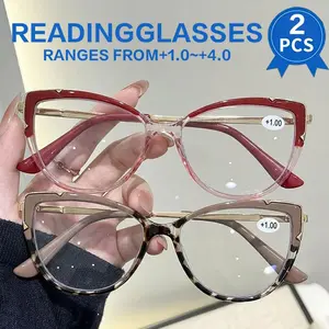 2PCS Women's Fashionable Classic Retro Square Small Frame High-Quality Trendy Cat Eye HD Reading Glasses - Elegant Artsy Minimalist PC Material,  1.0 to  4.0 Diopter, Lightweight and Durable, Suitable for Daily Computer Office Use