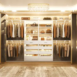 117'' Set of 2 Closet System with Wooden Drawers and Hanging Rods, Heavy Duty Walk-in Closet Organizer System with Adjustable Storage Shelves