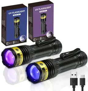UV Flashlight 365&395nm Black Light Mini USB Rechargeable Ultraviolet LED Blacklight Woods Lamp Powerful Fluorescent Portable Detector for Pet Urine Stains, Money, Resin Curing(2 Pack)
