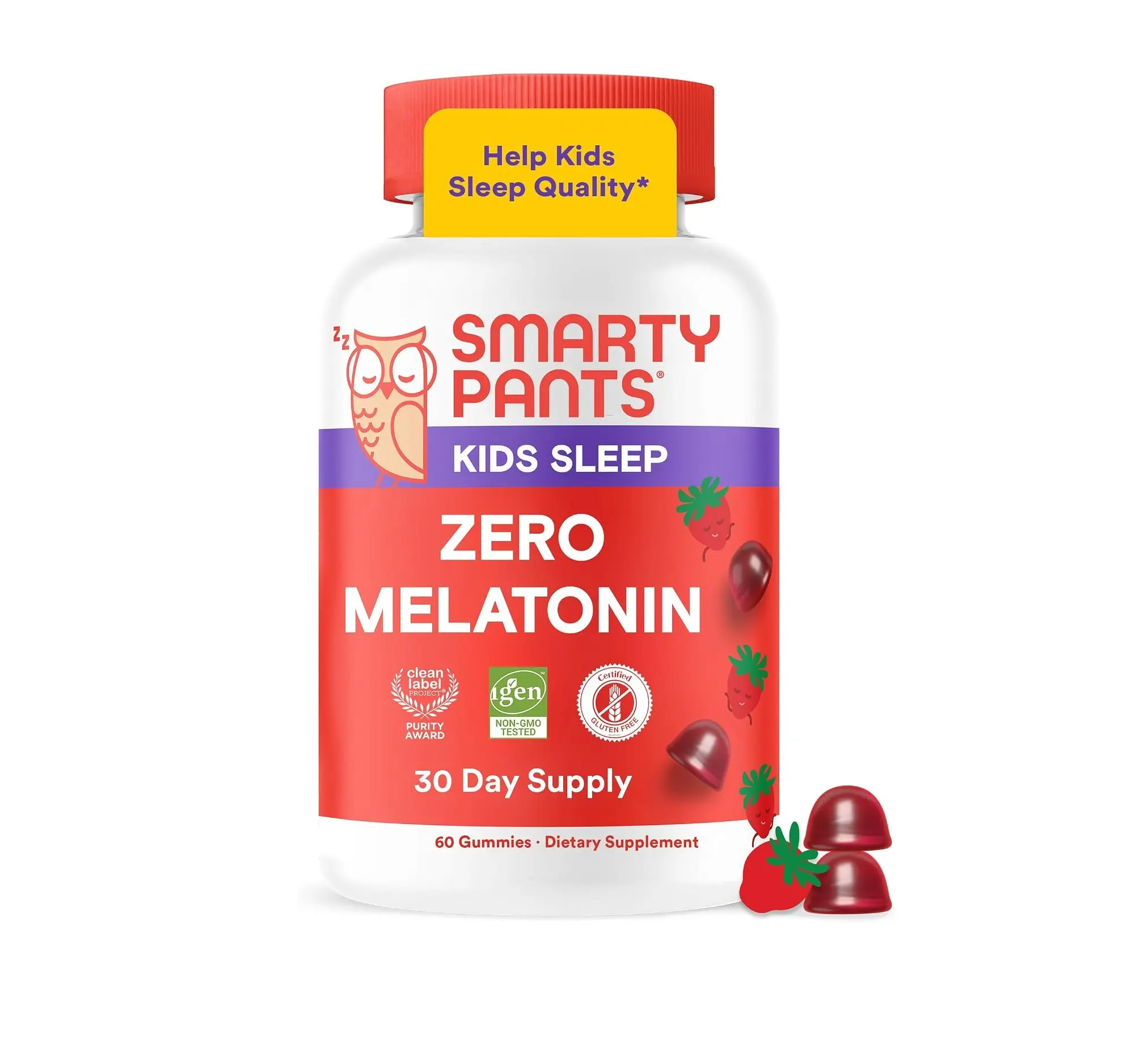 SmartyPants Kids Sleep Gummies - 0 Melatonin, L-Theanine, Lemon Balm, Magnesium, Gluten-Free, Clean Label, Drug-Free Sleep Aid, Strawberry Flavor, 60 Gummies (30-Day Supply)