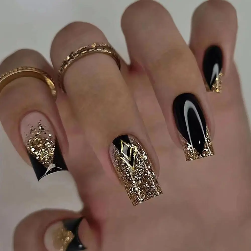 Black Glitter Fake Nails with 1 Sticker Sheet & 1 Nail File, 1 Box Square Tip False Nails for Women & Girls DIY Nail Art, French Elegant Stick On Nails Kit