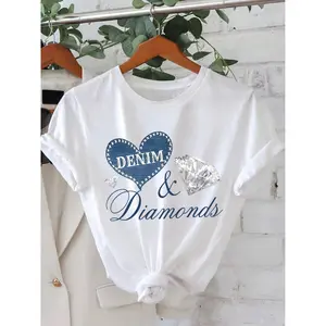 [Printed Pants - Not Denim Fabric]1Pc Women'S Imitation Denim Heart And Diamond Pattern Round Neck Short Sleeve T-Shirt, Women'S Casual Fashion Top, Fashion Women'S Clothing, Holiday Gift, Birthday Gift