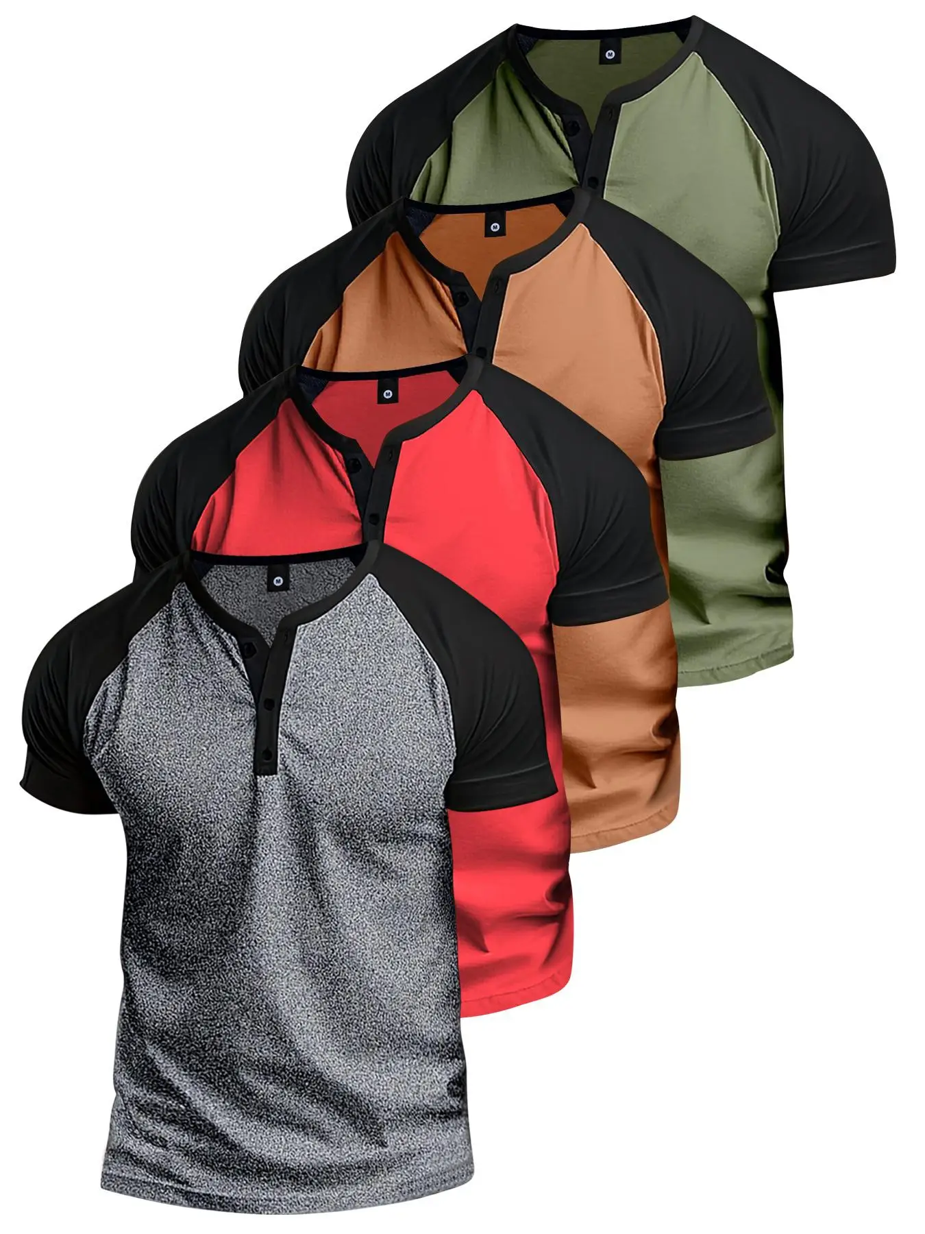 Men's Regular Fit Colorblock Raglan Sleeve Henley Shirt, Casual Fashion Short Sleeve Half Button T-shirt for Summer, Fashion Men's Tee Top for Daily W