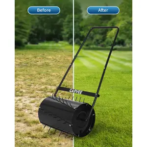Heavy Duty Steel Lawn Roller – 23-Inch, 46L/13 Gal, Push & Tow-Behind Grass Flattener, Water/Sand Fillable, U-Shaped Handle, Ideal for Garden, Lawn, Backyard, Farm, Park – Green Steel Barrel with Spikes