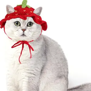 Cat Hat, Cotton & Soft Cute Knitted Hats for Cats, Puppy Hat for Small Pets (Red Strawberry, M)