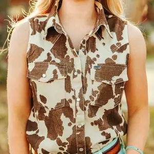 Holy Cow - Curve Collection- COWHIDE PRINT DENIM BUTTON DOWN SLEEVELESS SHIRT