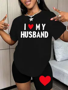 Women's I Love My Husband Slogan Print Crew Neck Tee & Skinny Shorts Two-piece Set, Regular Fit Casual Comfortable Breathable Round Neck Short Sleeve T-shirt & Elastic Waist Shorts for Daily Outdoor Wear, Ladies Clothes for All Seasons, Womenswear