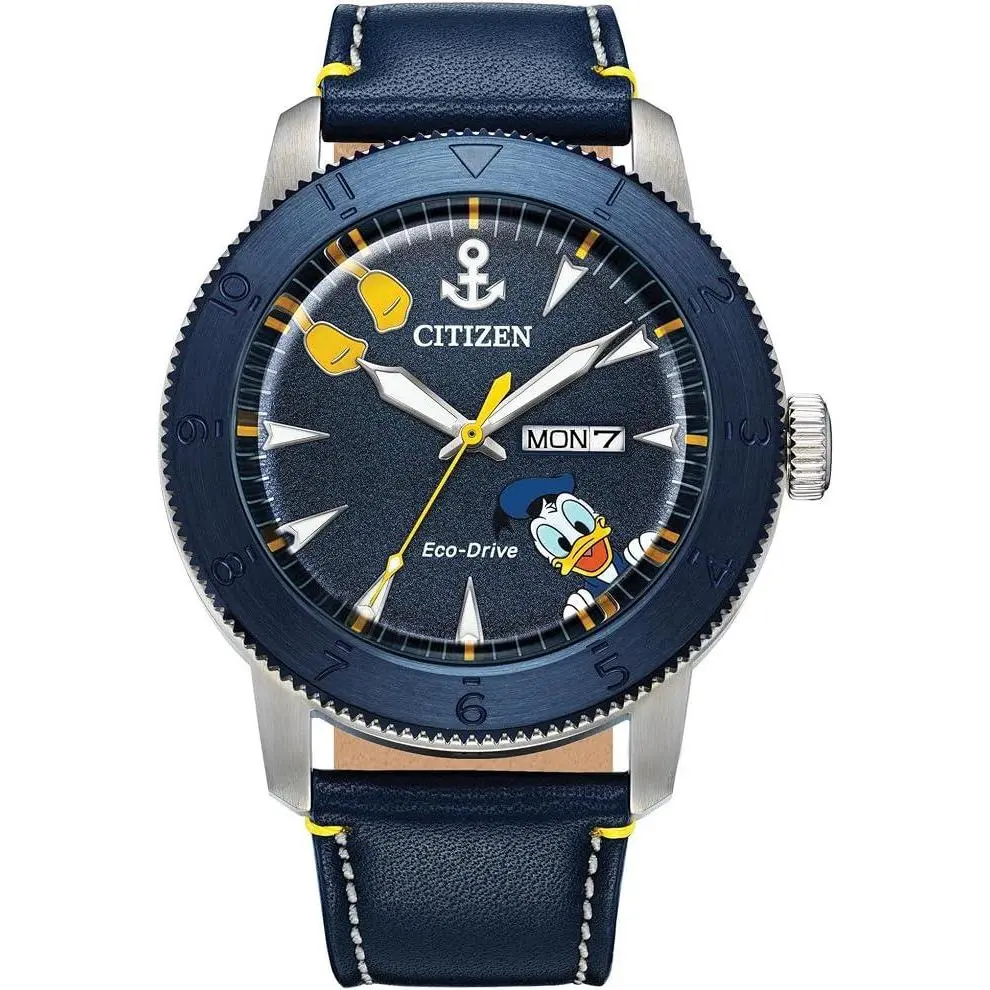 Citizen Eco-Drive Disney Donald Duck Blue IP Leather Mens Watch AW0075-06W