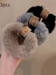 Set of 3 Plush Bear Hair Ties, Scrunchie for Autumn Winter, High Elasticity Durable Soft Ponytail Holders, Ideal for Buns & Hairstyles