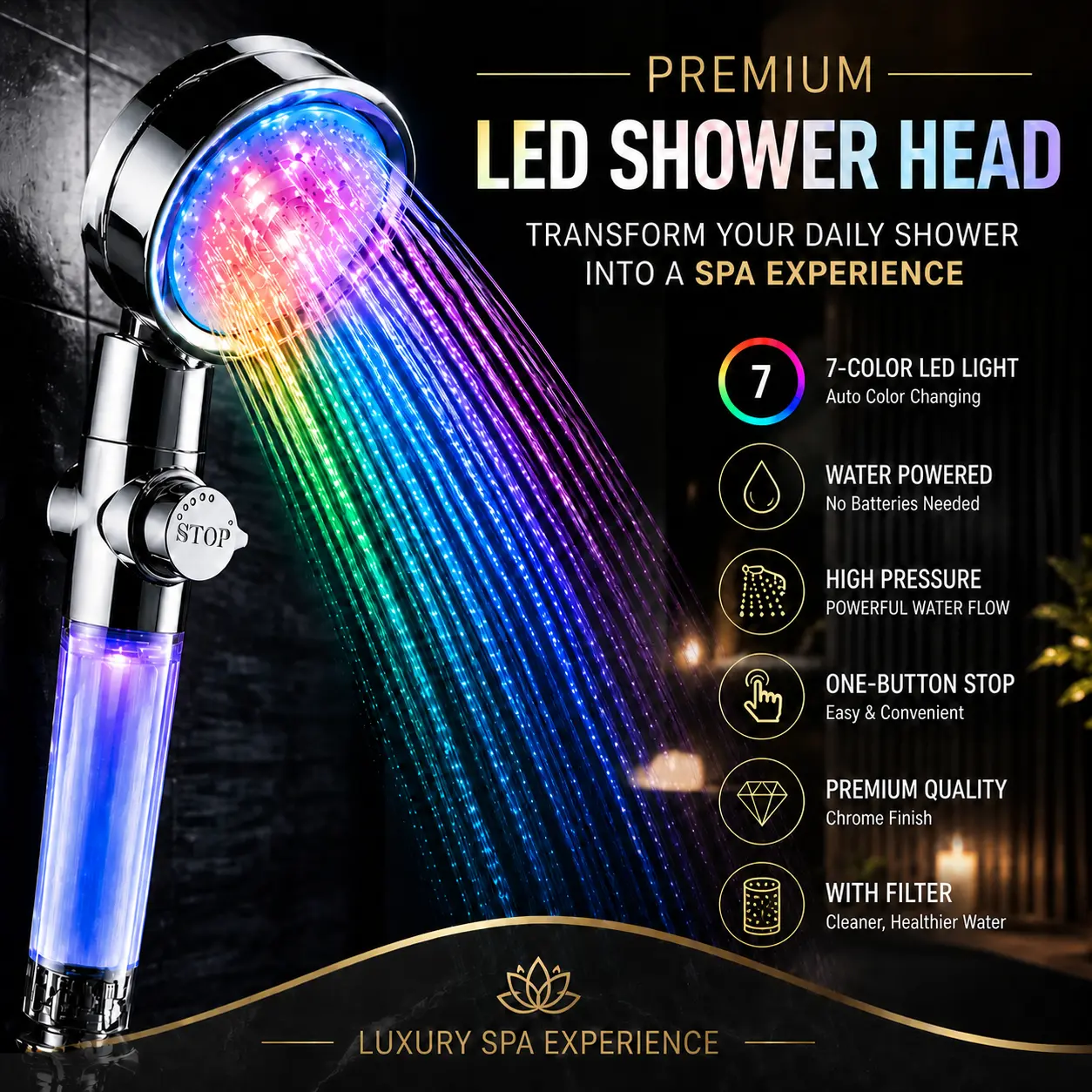 7 Color LED Shower Head with Filter – Water Powered High Pressure Handheld Shower Head, Self-Powered Color Changing Lights, Water Purifying Filter System, One Button Stop Switch, Chrome Finish Showerhead With Filter High Flow Shower Head