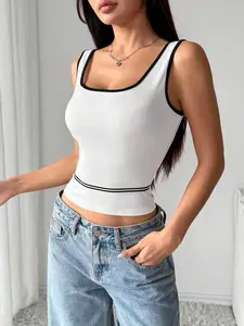 Women's Fashionable Casual Everyday Knitted Tank Top, Spring Summer Deep Square Neck, Waist-Defining Slim Fit Design