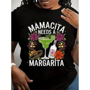 Plus Size Women's Dress with Mamacita Margarita Graphic Tee for Cinco De Mayo Fiesta Featuring Floral and Sombrero Details Short Sleeve Black Round Neck Comfortable Summer and Spring Wear