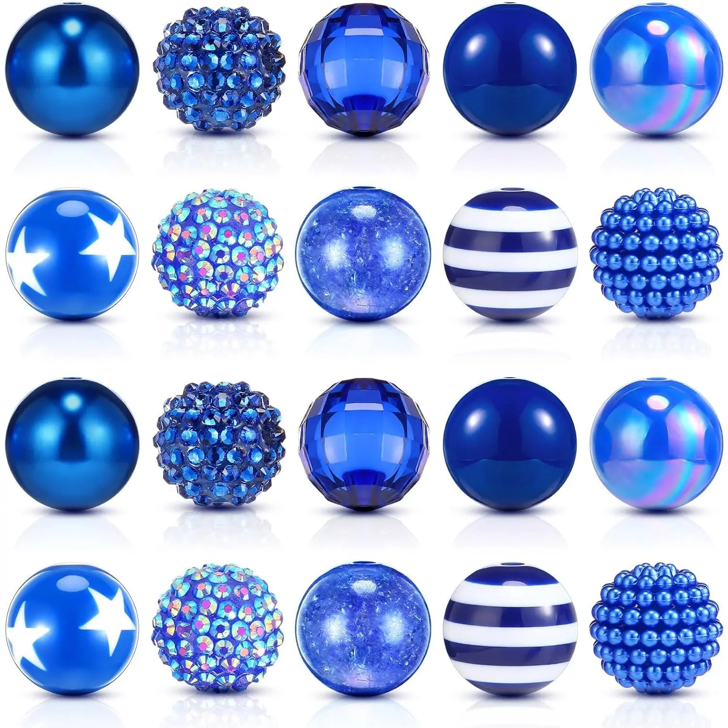 20-Count 19x20mm Dark Blue Popcorn Bubblegum Beads with Large Rhinestones, Bold Statement DIY Beading Supplies for Focal Pen School Craft Making (2.5-2.8mm Size Detail), Diy Beads Assortment