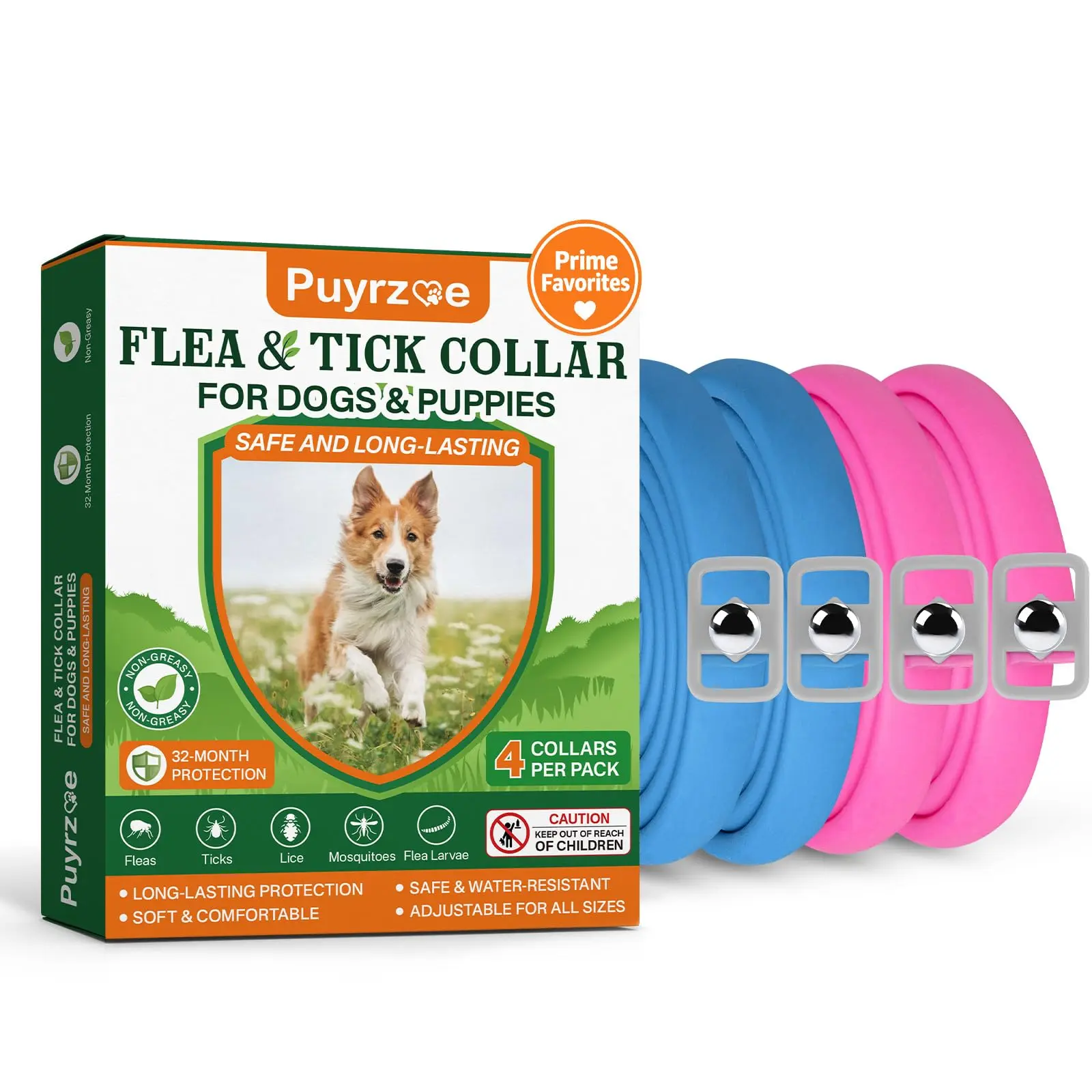 Puyrzoe Flea and Tick Prevention for Dogs Collar 4 Pack, Natural Flea Collar for Dogs 32-Month Full Protection, Adjustable Dog Tick Prevention for Puppy & Dog, Waterproof, 2 Pink & 2 Blue