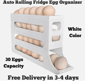 30 Egg Holder for Fridge, 4 Tier Auto Rolling Egg Organizer for Refrigerator, Fridge Organizers and Storage (White)