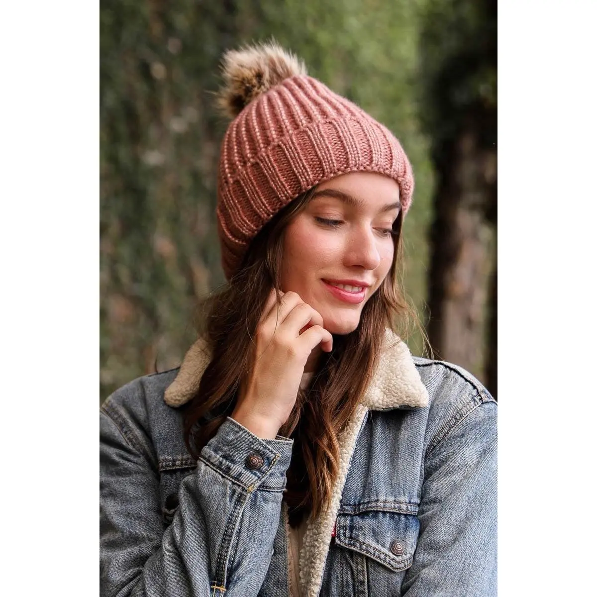 Soft Rib Knit Pom Beanie in Pink - Cozy Fit for Cold Weather Wear