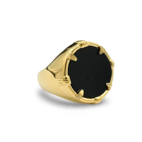 Black Medallion Ring - Eye-Catching Onyx Design in Stainless Steel with Gold Plating - 19mm Medallion Size