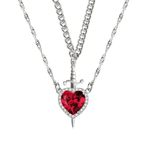 Heart And Sword Necklace For Couples Stainless Steel Twist Chain Cuban Chain Promise Relationship Matching Heart And Cross Necklace For Couples Freak Gifts Accessories Jewelry Set Xmas Birthday Valentines Day Romantic Cute gifts for her Girlfriend GF BF