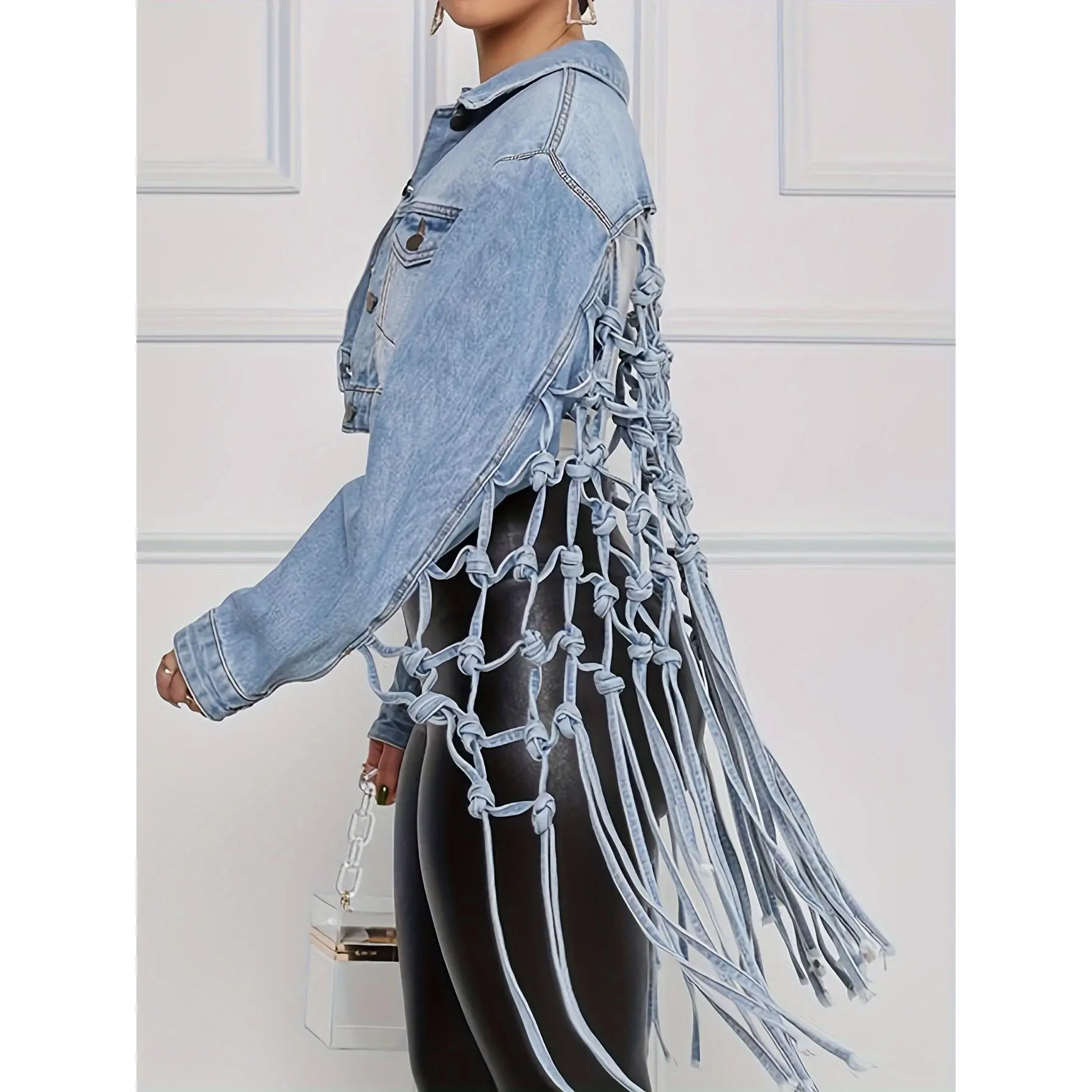 [MESH Denim Jacket] Woven Mesh Tassel Hem Denim Jacket |   Hollow Out Knotted Cropped Denim Coats, Women's Denim Jackets & Clothing