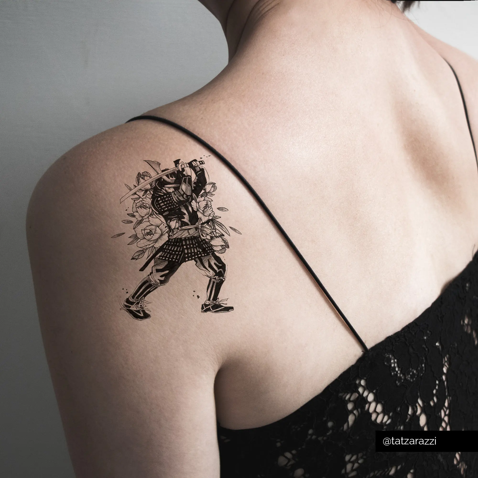 Samurai Swinging Sword Temporary Tattoo Flowers Japanese Asian Warrior Badass Floral Katana Big Giant Large Illustration Martial Arts Ninja