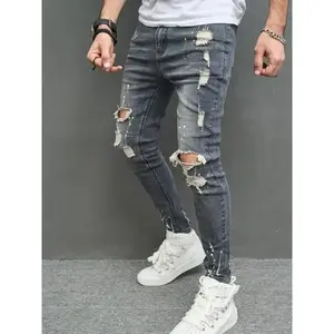 Men'sInkSplashPrintRippedKneeSkinnyJeans,FashionCasualPocketDesignGraphicDenimPantsforDailyOutdoorWear,MensBottomsforAllSeasons,Cotton,Menswear,Streetwear,RippedDistressedDenim