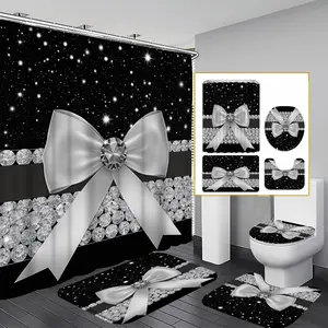 1/3/4pcs Butterfly Knot Shower Curtain Set, Includes 12 Hooks, Bath Mat, Toilet Pad, U-Shaped Pad, Holiday Bathroom Decor, Bathroom Decoration Accessories, Christmas Gift, Shower Essentials, Bathroom Shower Equipment