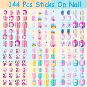 144 Pieces Press on Nails Grils, Children Fake Artificial False Nail Tips Pre Glue Full Cover Short Acrylic Nails for Girls Kids Nail Art(Rainbow Sky)