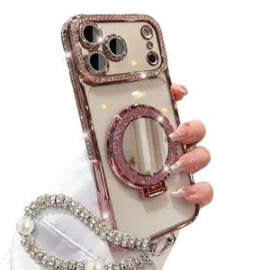 Purple Rhinestone Glitter Shockproof TPU iPhone Casing - Creative Aesthetic Cellphone Accessory with Folding Makeup Mirror, Full Body Protection for iPhone 17,16,15,14,13 Pro Max, Stylish Gift for Lovers