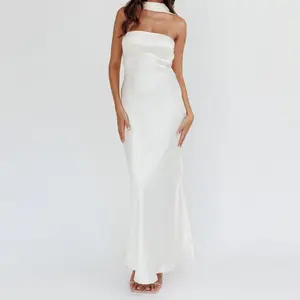 Halter Long Dress for Women Summer Fashionable Solid Color Backless StraplessFit Sleeveless Dress