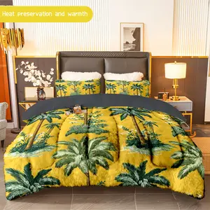 3pcs (1 comforter + 2 pillowcases) Palm Tree Print Flannel & Milk Velvet Comforter Set, Soft Warm Cozy Bedding Set for Adults, Trendy Milk Velvet Bedding Essentials