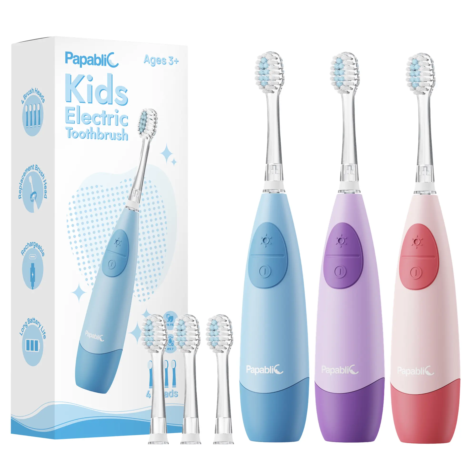 Papablic Kids Sonic Electric Toothbrush For Children 4-12Y, Gentle Oral Care with Smart Timer, LED Light, USB Rechargeable Toothbrush & 4 Soft Replacement Heads, Waterproof Travle Cordless Toothbrush for Kids, Healthy Teeth Care, #tiktokshopbacktoschool